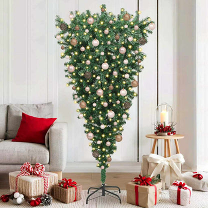 Upside-down Artificial Pre-lit Christmas Tree with Ball Set PVC Width 180 cm with 120 rose gold balls