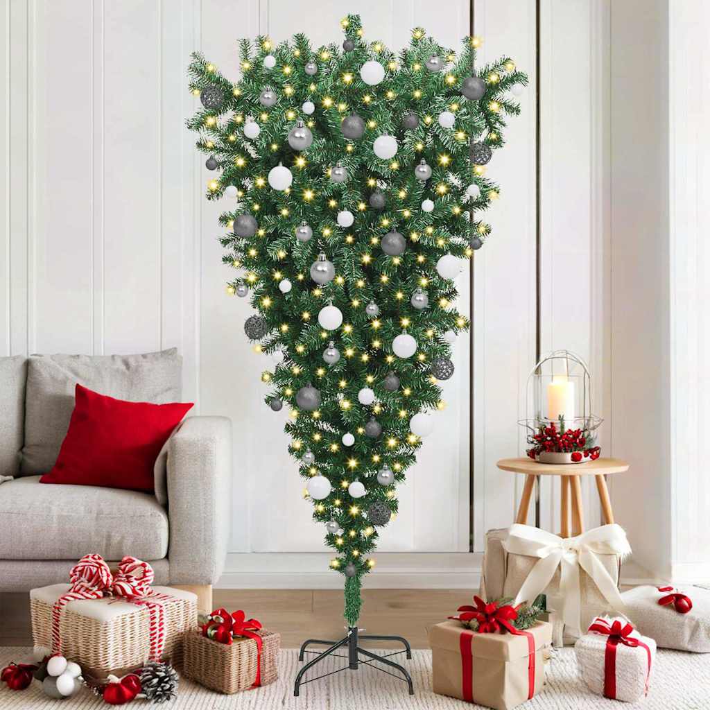 Upside-down Artificial Pre-lit Christmas Tree with Ball Set PVC Width 180 cm with 120 white/grey balls