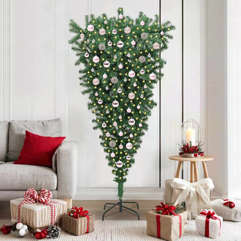 Upside-down Artificial Pre-lit Christmas Tree with Ball Set PVC Width 180 cm with 120 pink balls