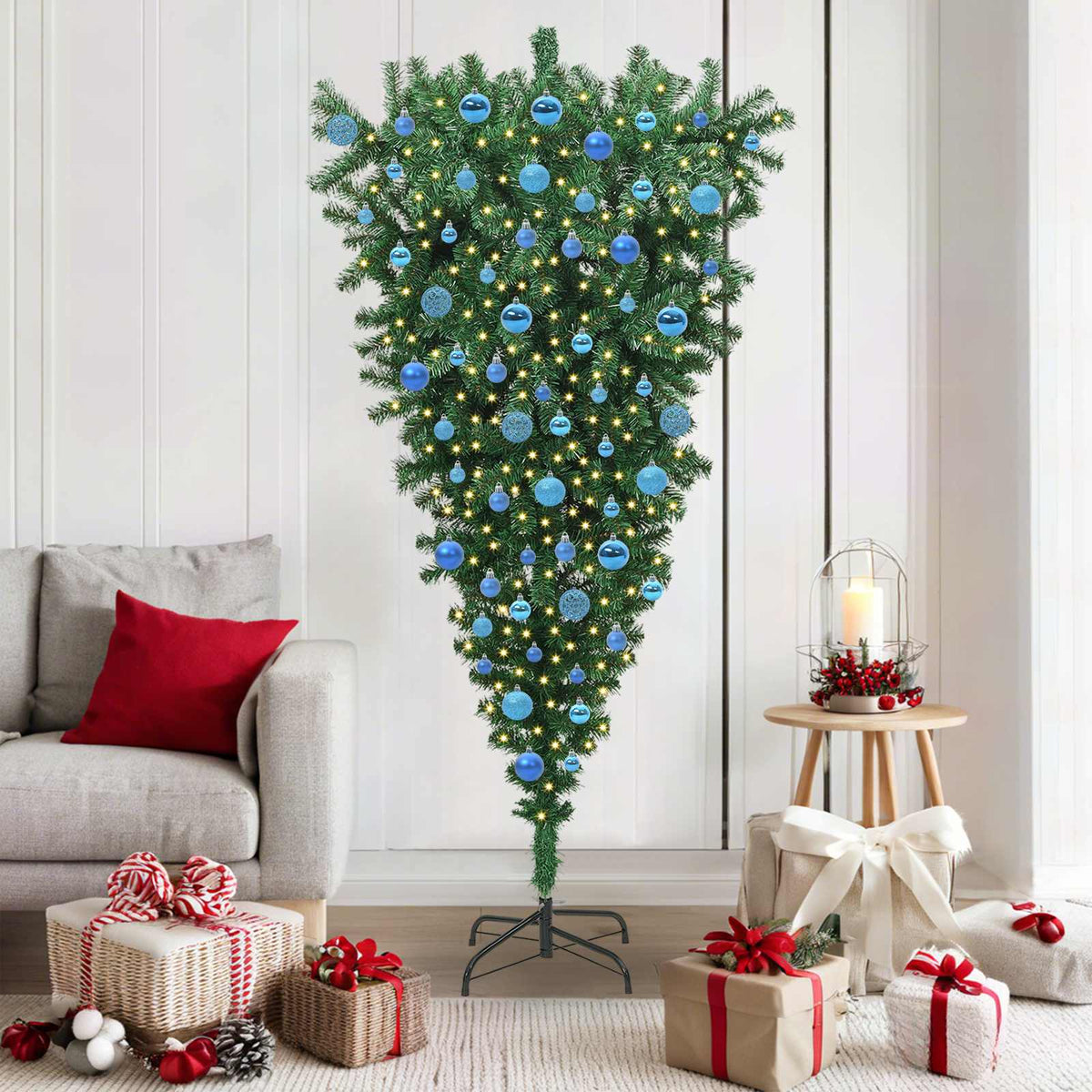 Upside-down Artificial Pre-lit Christmas Tree with Ball Set PVC Width 180 cm with 120 blue balls