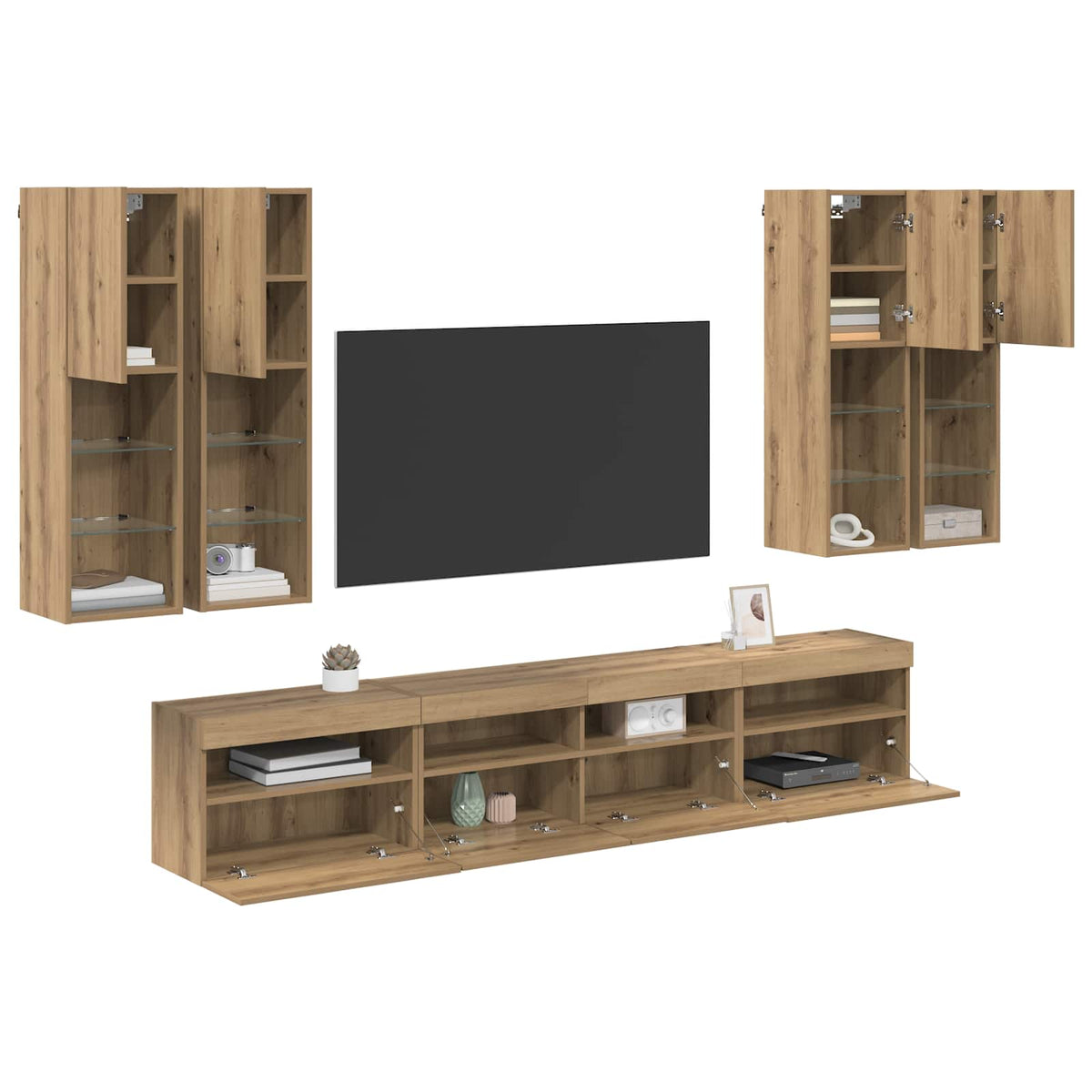 vidaXL TV Wall Cabinet Set with LED Lights 7 pcs Artisan oak 3