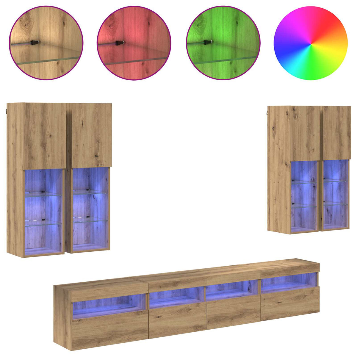vidaXL TV Wall Cabinet Set with LED Lights 7 pcs Artisan oak 4