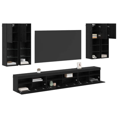 7 Piece TV Wall Cabinet Set with LED Lights Black oak