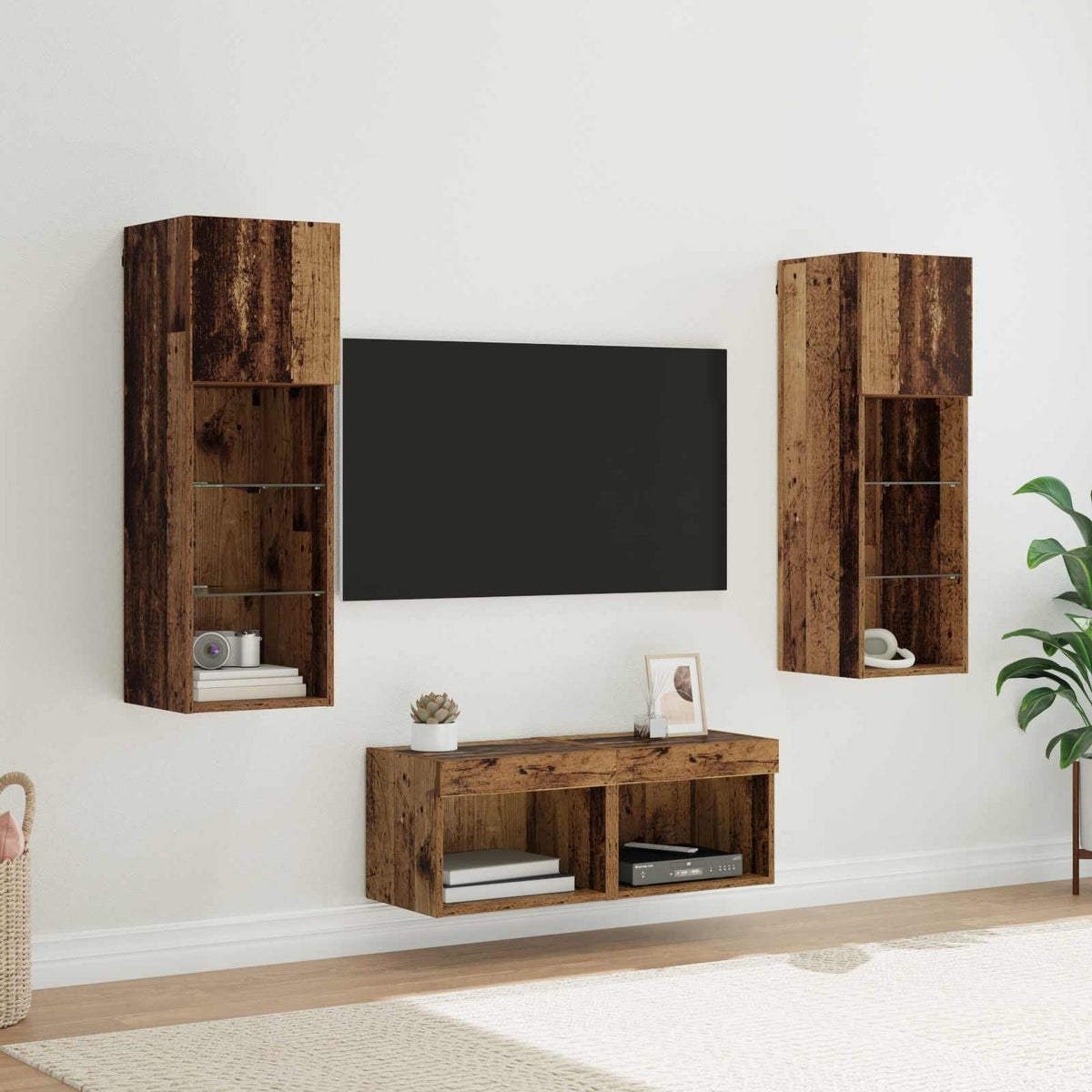 4 Piece TV Wall Cabinets with LED Lights Old wood