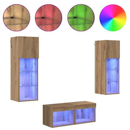 4 Piece TV Wall Cabinets with LED Lights Artisan oak