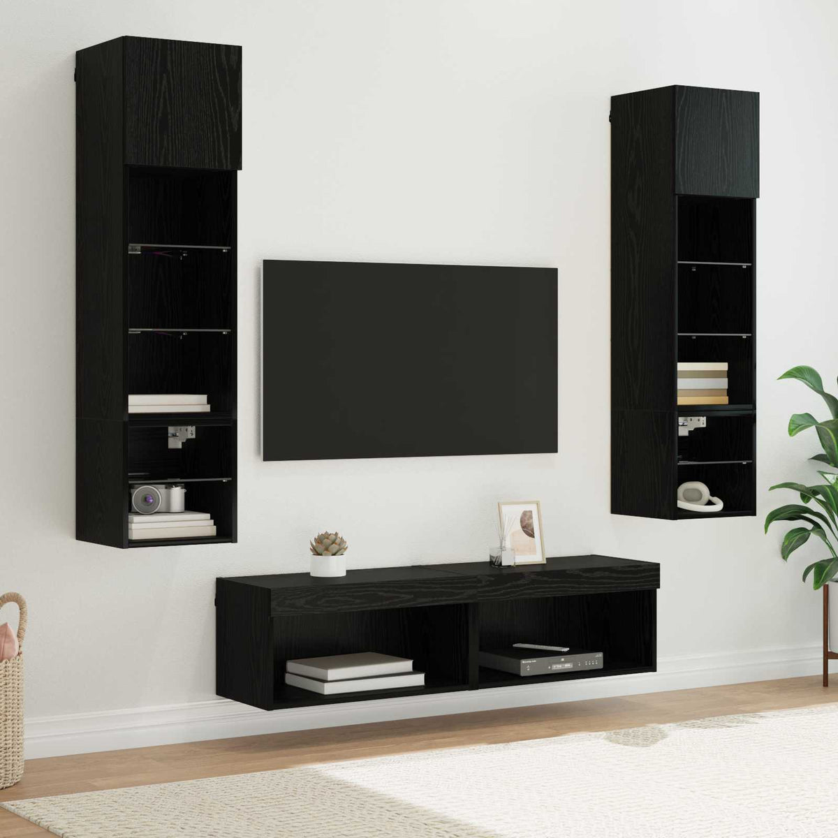 6 Piece TV Wall Units with LED Engineered Wood Black oak