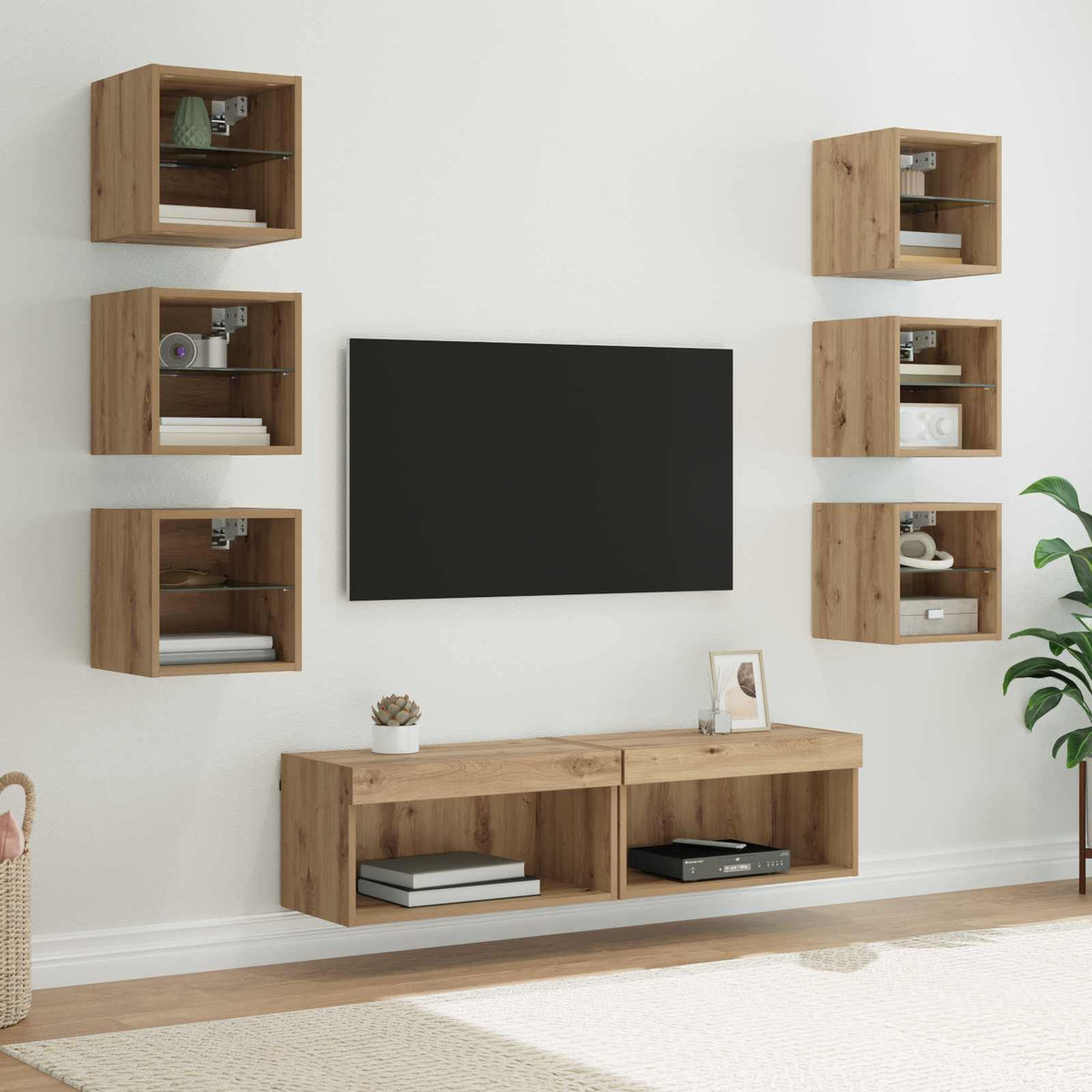 8 Piece TV Wall Units with LED Engineered Wood Artisan oak