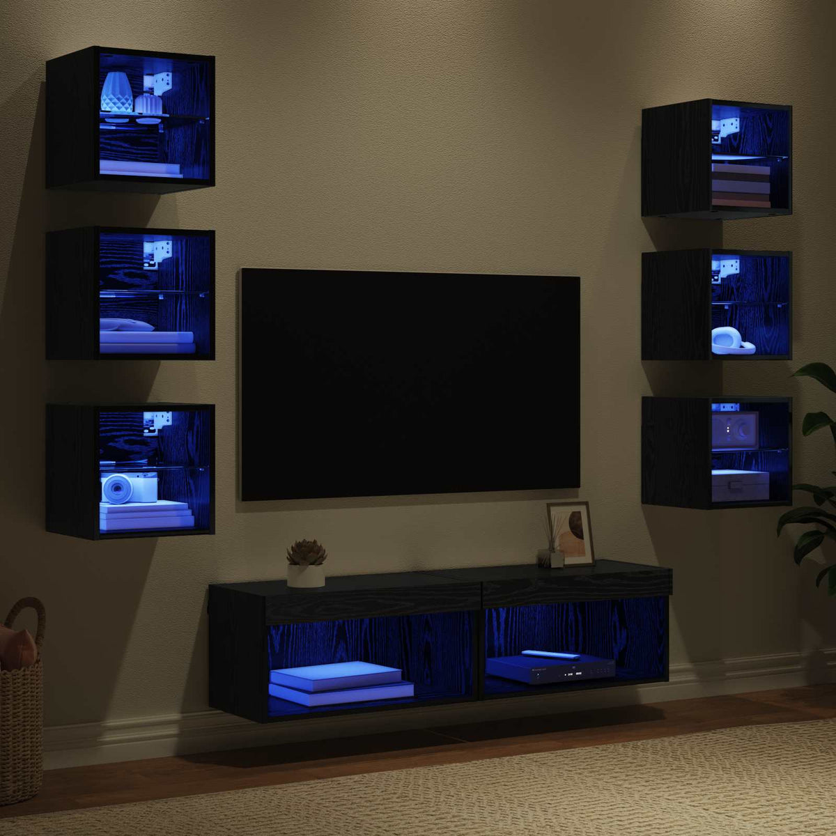 8 Piece TV Wall Units with LED Engineered Wood Black oak