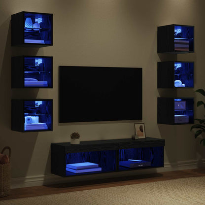 8 Piece TV Wall Units with LED Engineered Wood Black oak