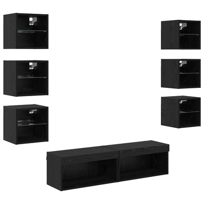 8 Piece TV Wall Units with LED Engineered Wood Black oak