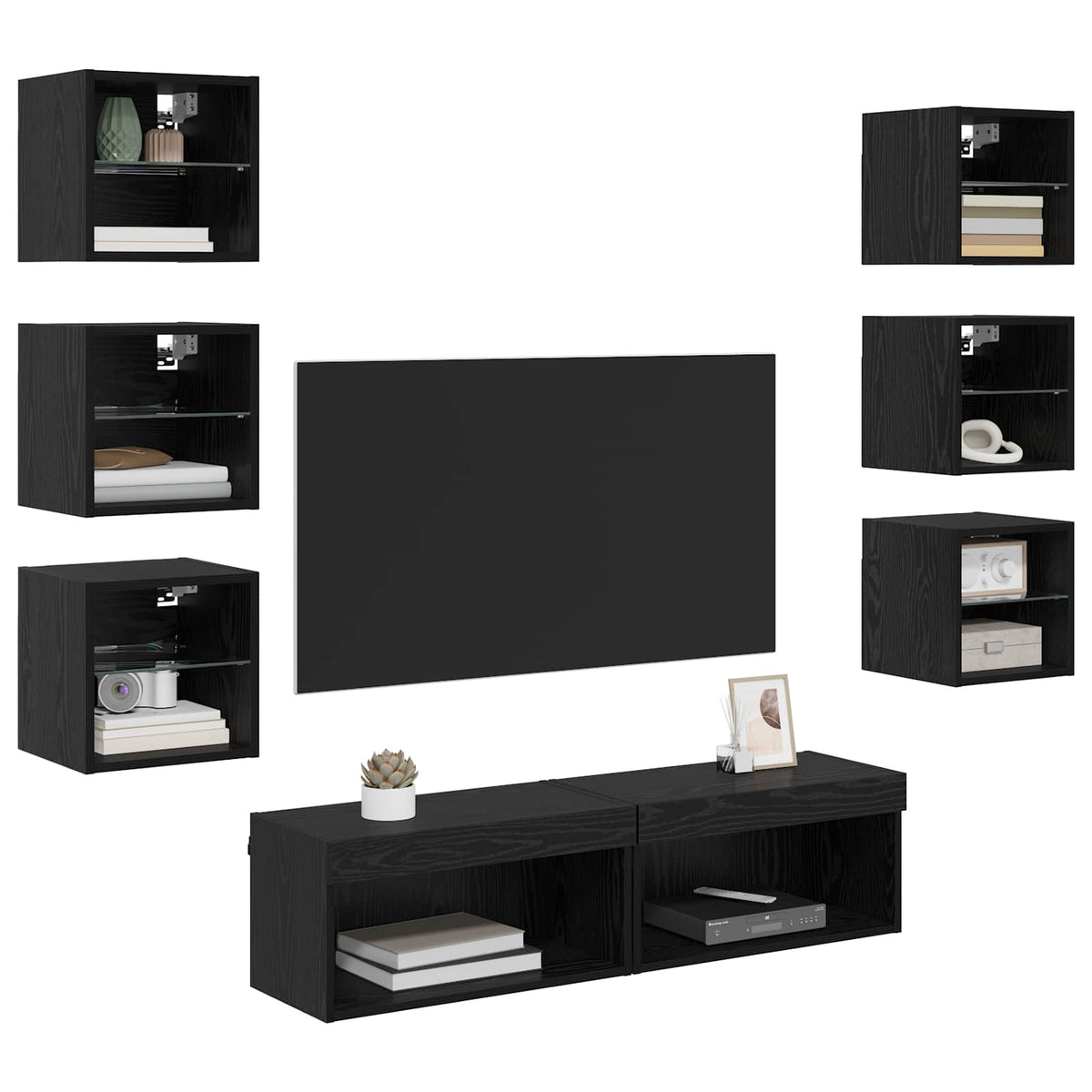 8 Piece TV Wall Units with LED Engineered Wood Black oak