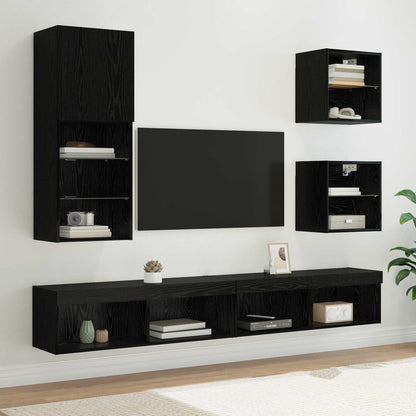 5 Piece TV Wall Units with LED Engineered Wood Black oak