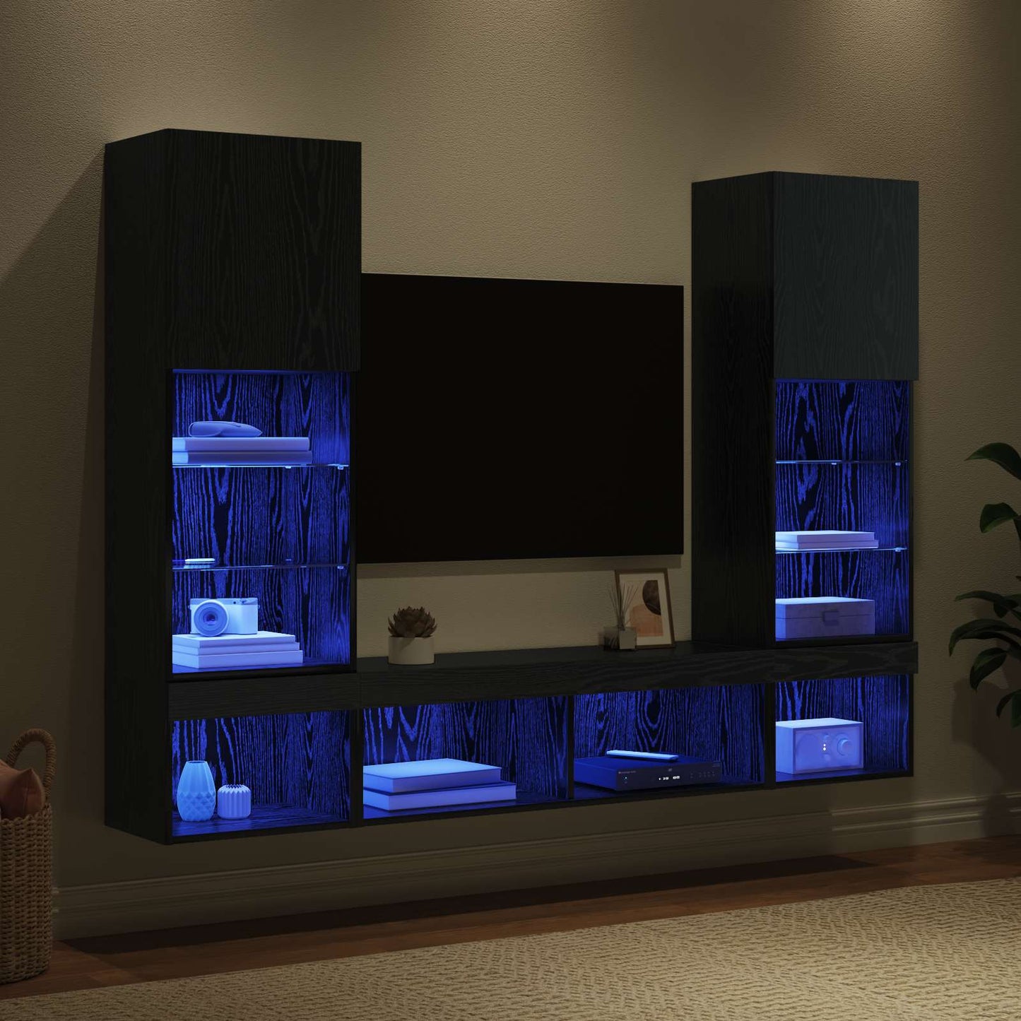 vidaXL TV Wall Units with LED 5 pcs Black Oak Engineered Wood 5
