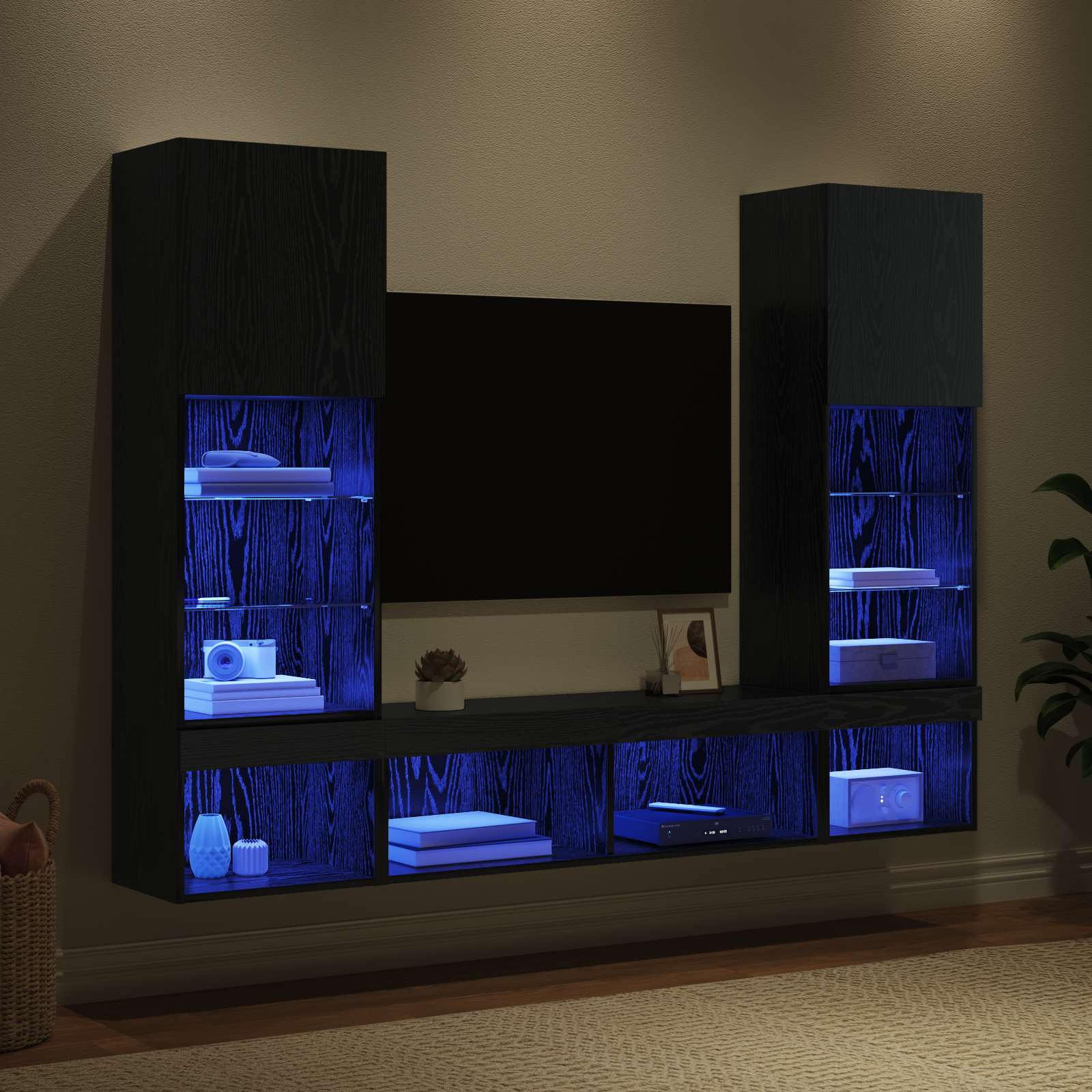 vidaXL TV Wall Units with LED 5 pcs Black Oak Engineered Wood 5