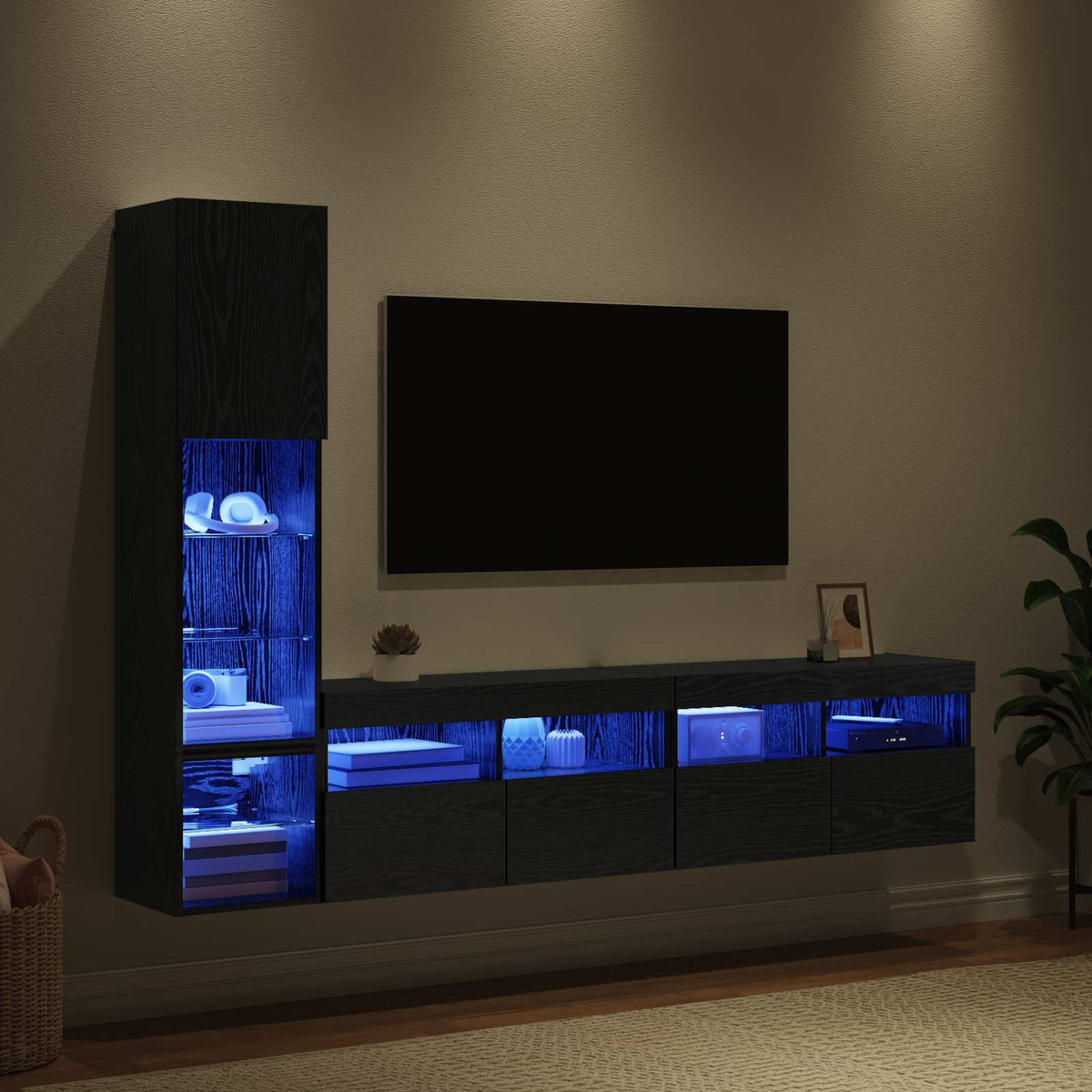 4 Piece TV Wall Units with LED Engineered Wood Black oak