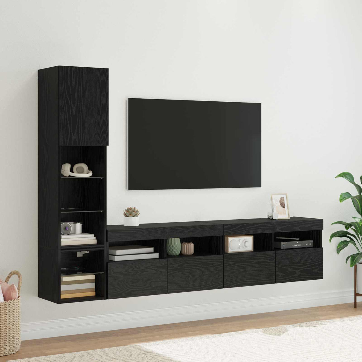 4 Piece TV Wall Units with LED Engineered Wood Black oak