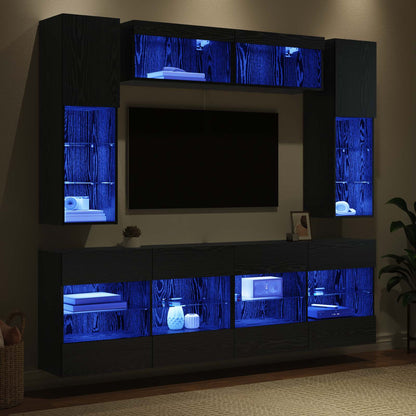 vidaXL TV Wall Cabinet Set with LED 6 pcs Black Oak Engineered Wood 5