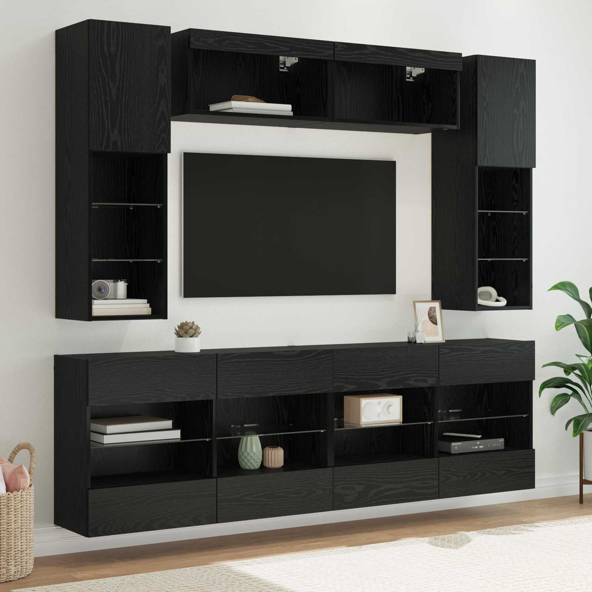 vidaXL TV Wall Cabinet Set with LED 6 pcs Black Oak Engineered Wood 1