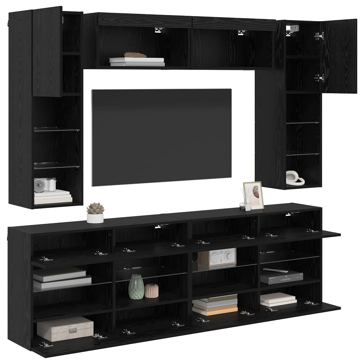 vidaXL TV Wall Cabinet Set with LED 6 pcs Black Oak Engineered Wood 3
