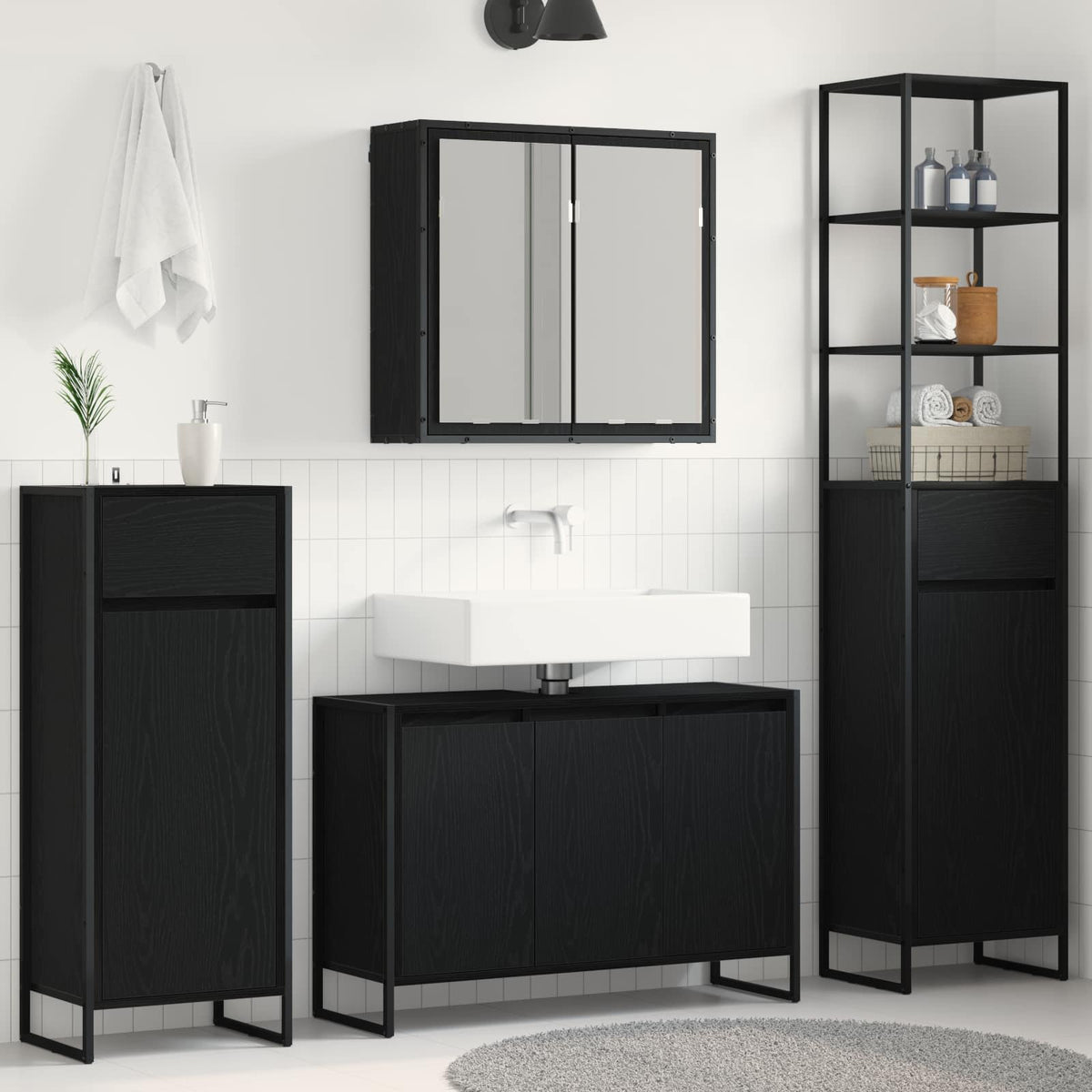 vidaXL Bathroom Furniture Set 4 pcs Black Oak Engineered Wood 1