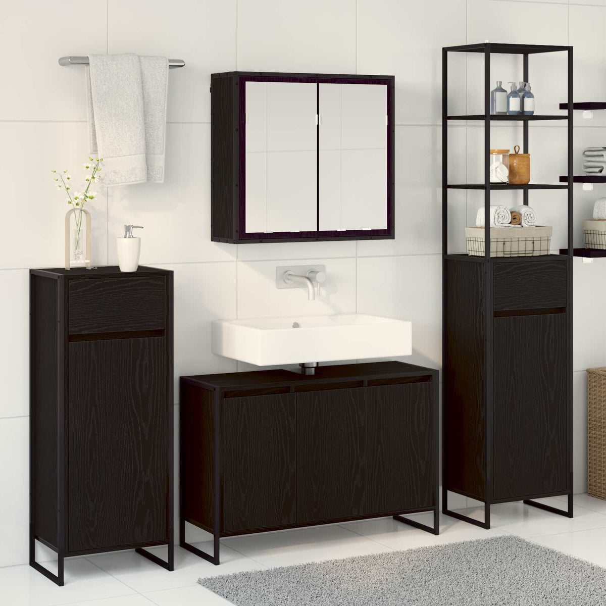 vidaXL Bathroom Furniture Set 4 pcs Black Oak Engineered Wood 4