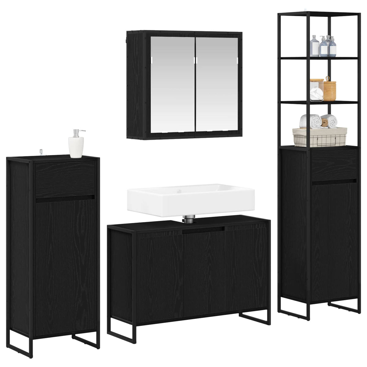 vidaXL Bathroom Furniture Set 4 pcs Black Oak Engineered Wood 3