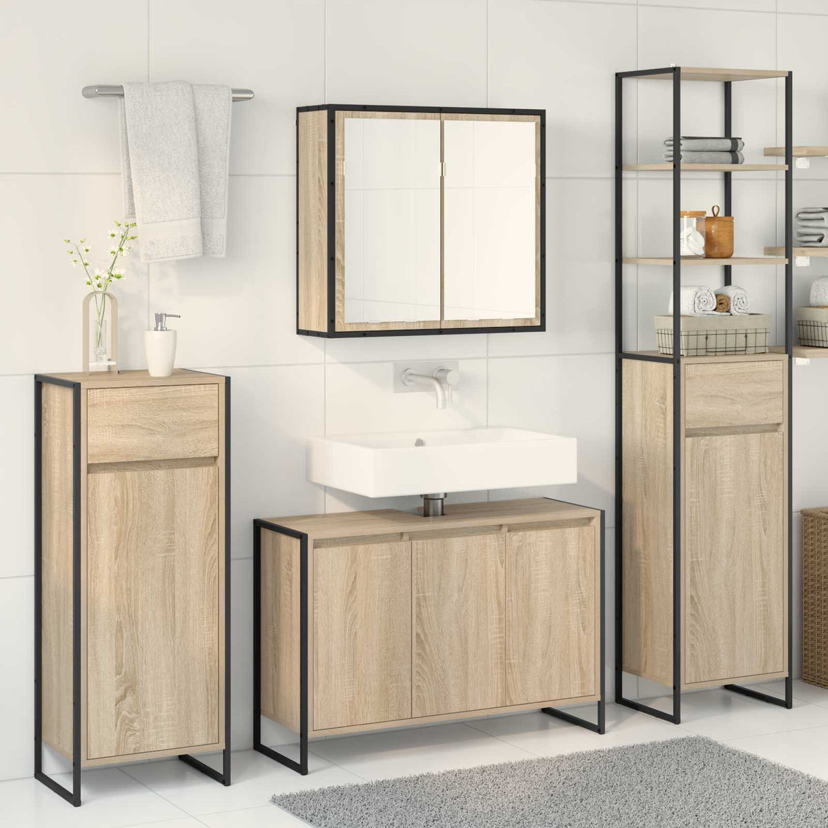 vidaXL Bathroom Furniture Set 4 pcs Sonoma Oak Engineered Wood 4