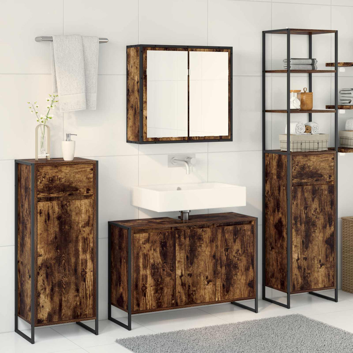 vidaXL Bathroom Furniture Set 4 pcs Smoked Oak Engineered Wood 4