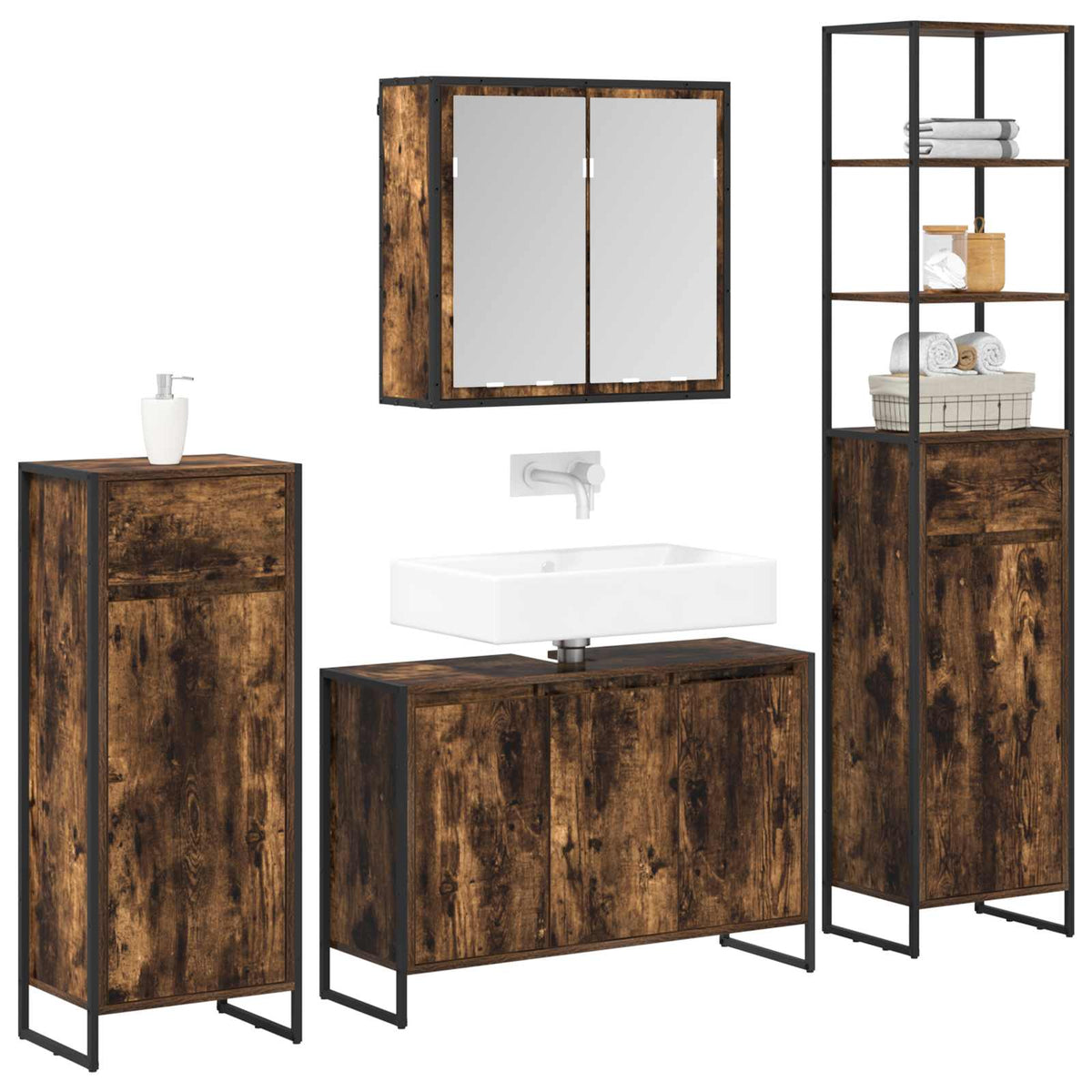 vidaXL Bathroom Furniture Set 4 pcs Smoked Oak Engineered Wood 3