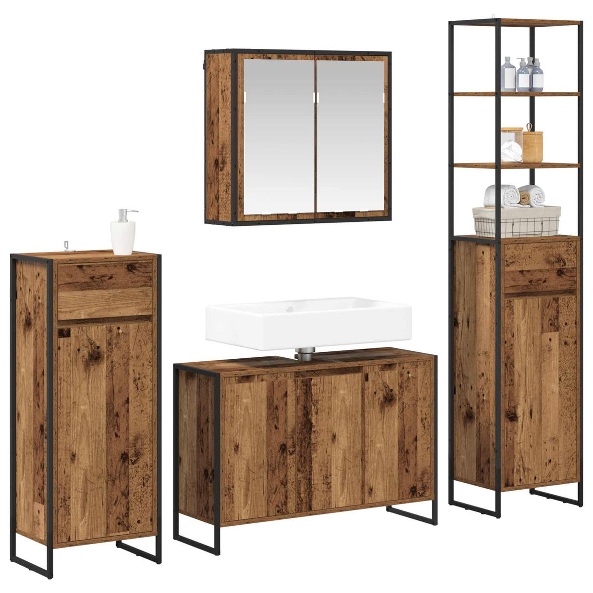 vidaXL Bathroom Furniture Set 4 pcs Old Wood Engineered Wood 3