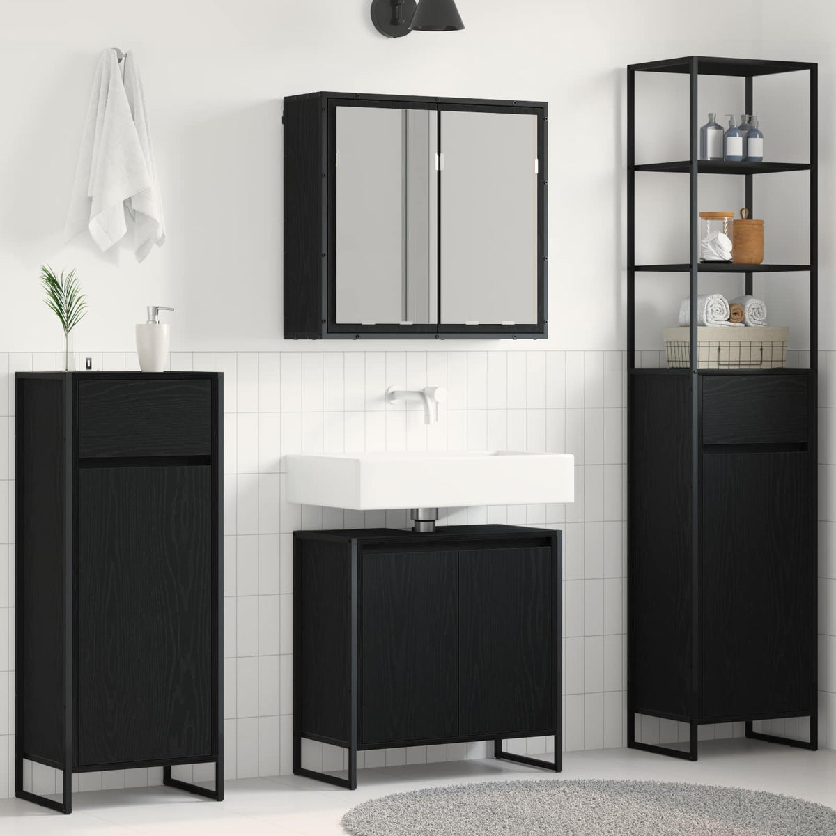vidaXL Bathroom Furniture Set 4 pcs Black Oak Engineered Wood 1