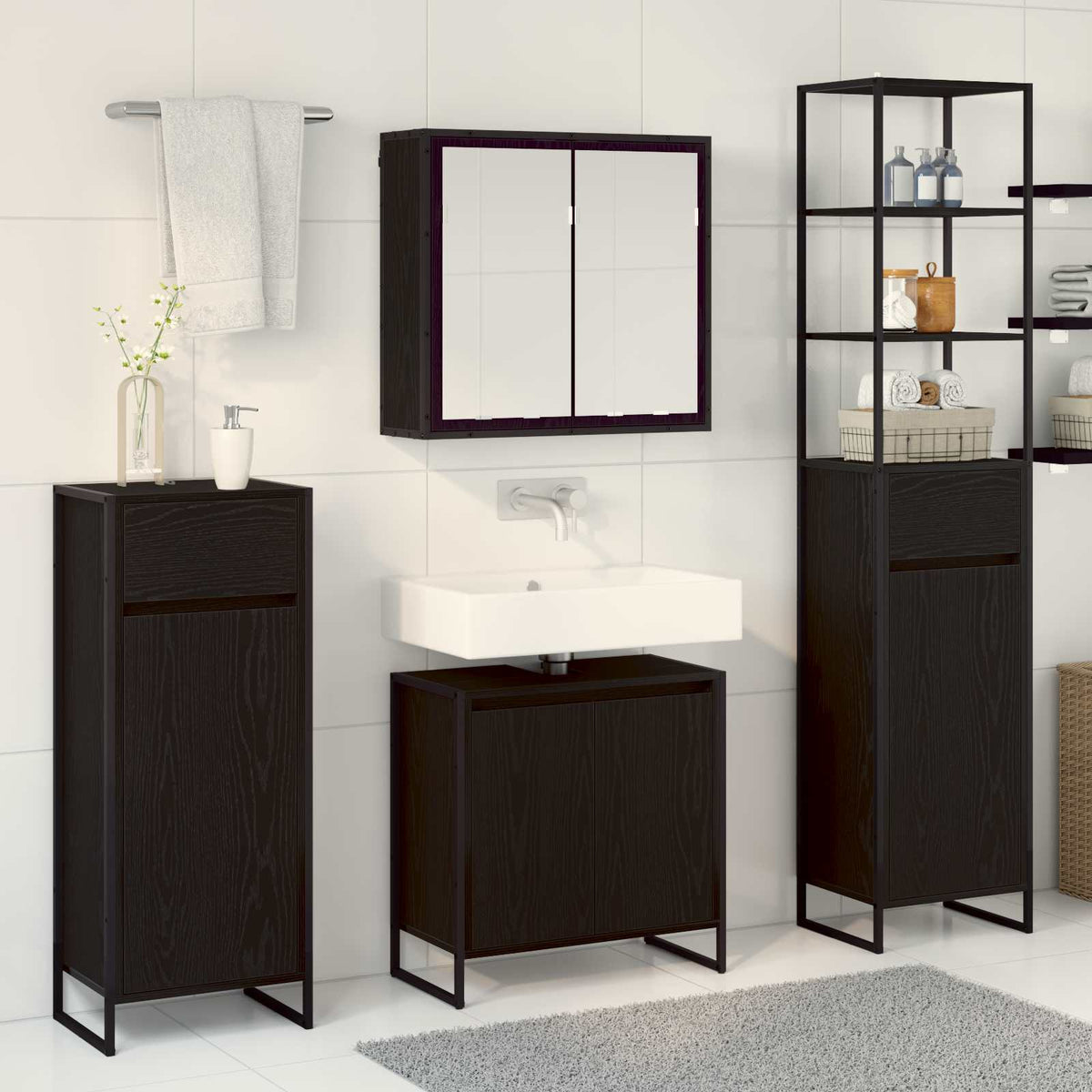 vidaXL Bathroom Furniture Set 4 pcs Black Oak Engineered Wood 4