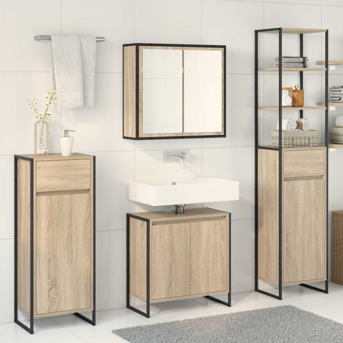 vidaXL Bathroom Furniture Set 4 pcs Sonoma Oak Engineered Wood 4