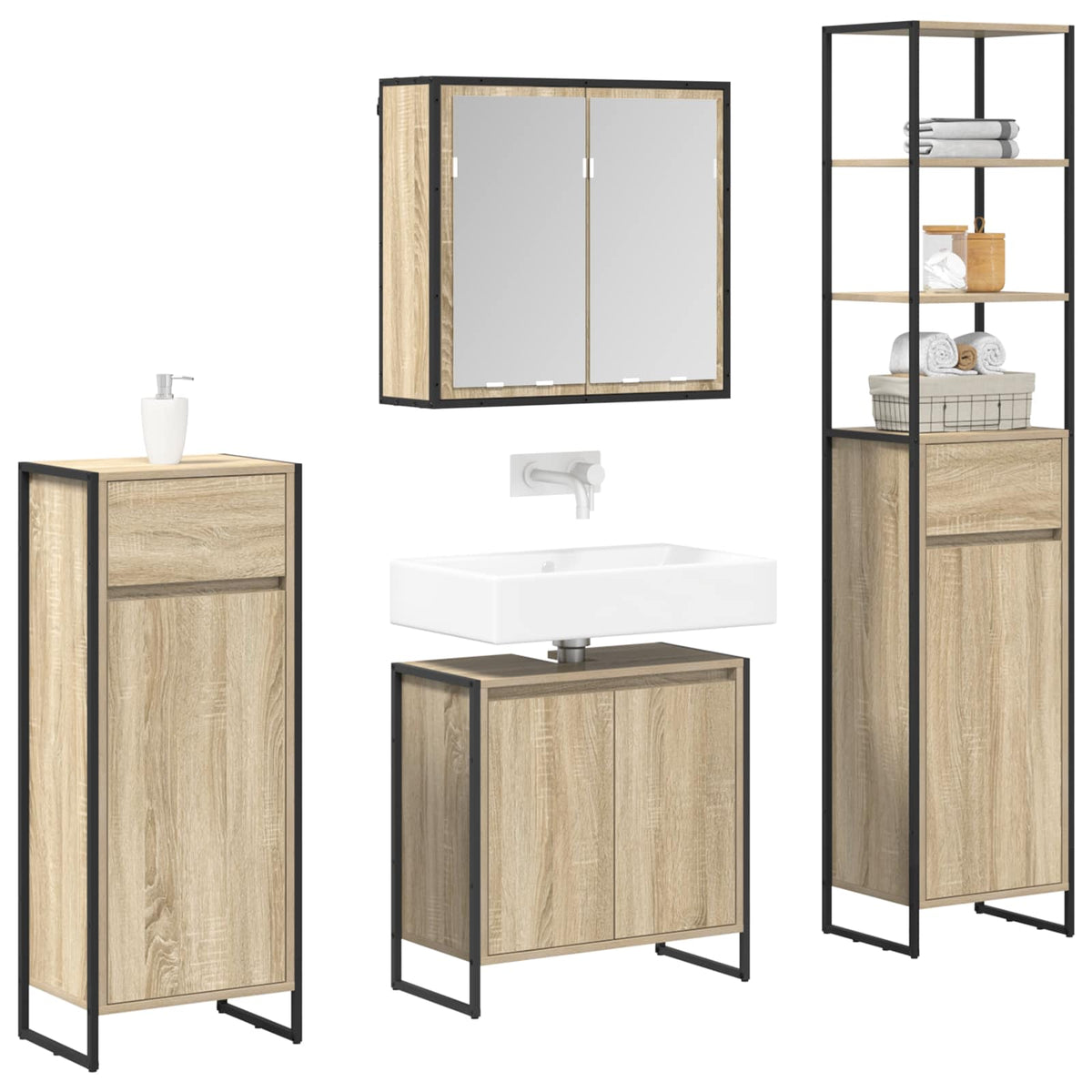 vidaXL Bathroom Furniture Set 4 pcs Sonoma Oak Engineered Wood 3