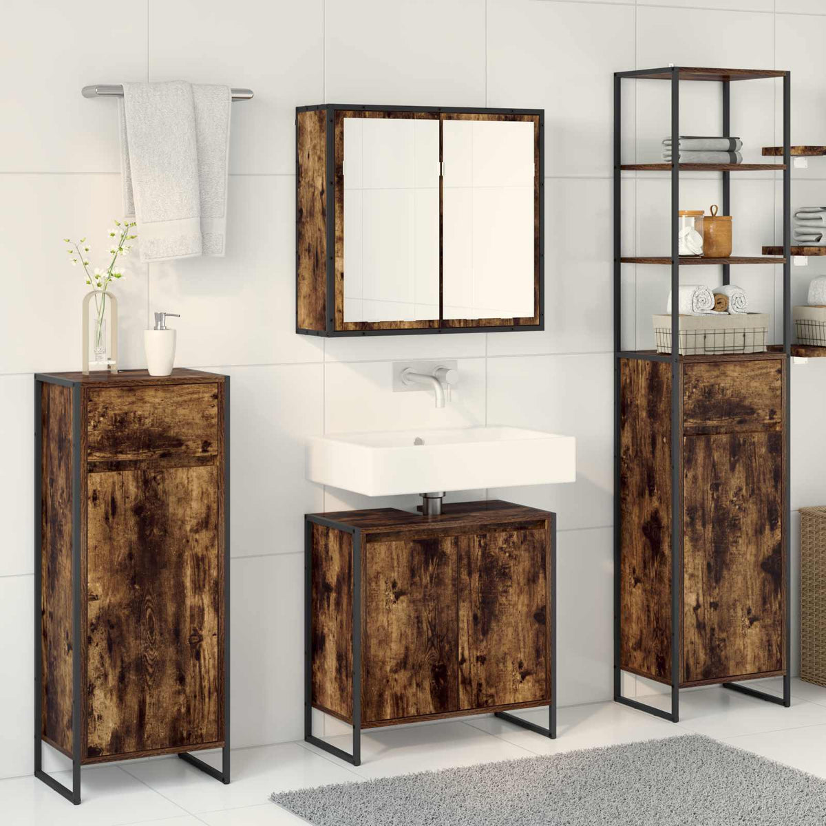vidaXL Bathroom Furniture Set 4 pcs Smoked Oak Engineered Wood 4