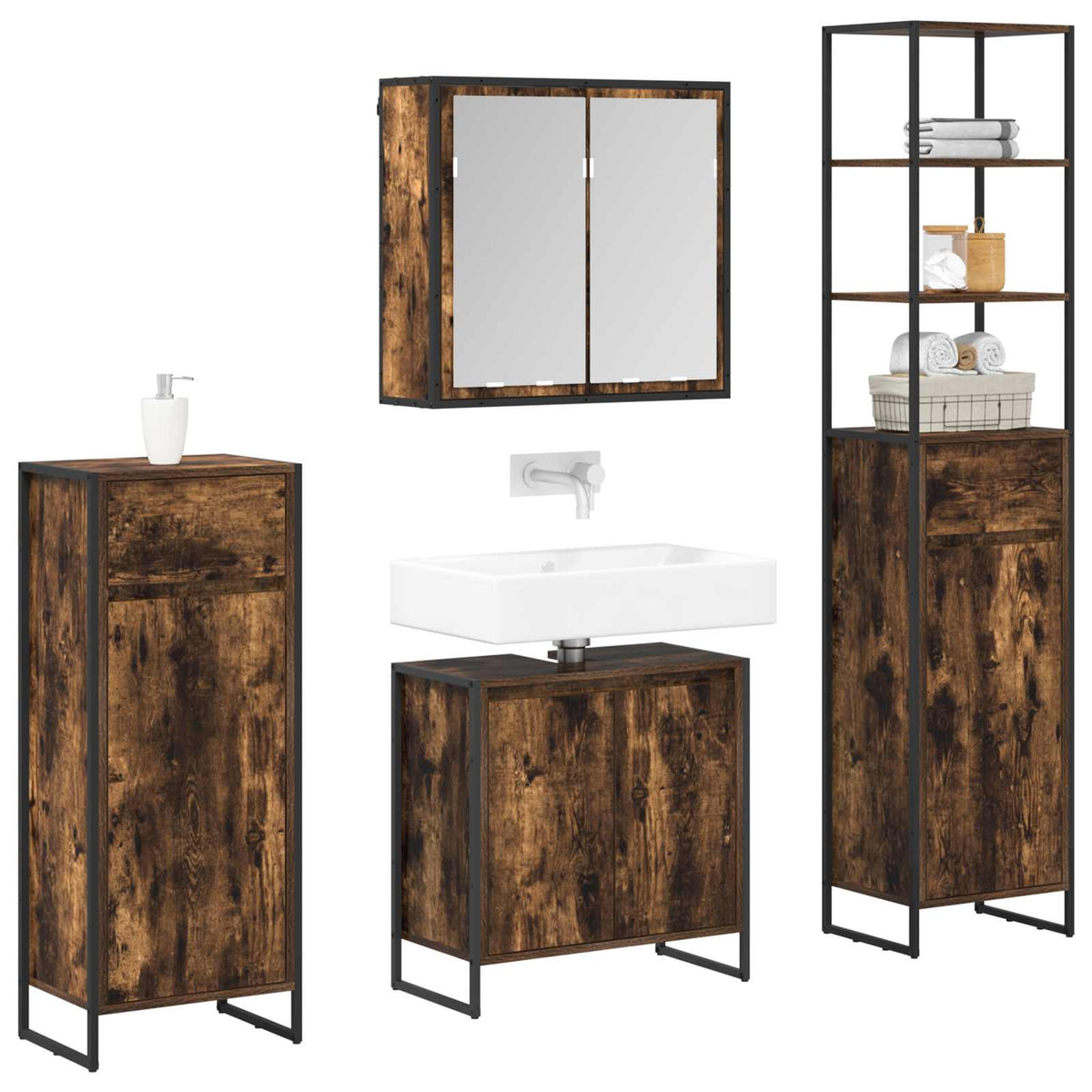 vidaXL Bathroom Furniture Set 4 pcs Smoked Oak Engineered Wood 3