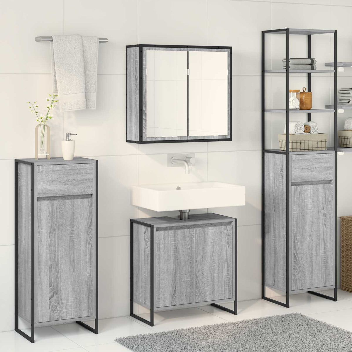 vidaXL Bathroom Furniture Set 4 pcs Grey Sonoma Engineered Wood 4