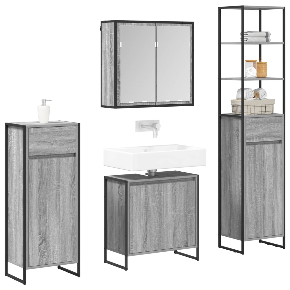 vidaXL Bathroom Furniture Set 4 pcs Grey Sonoma Engineered Wood 3