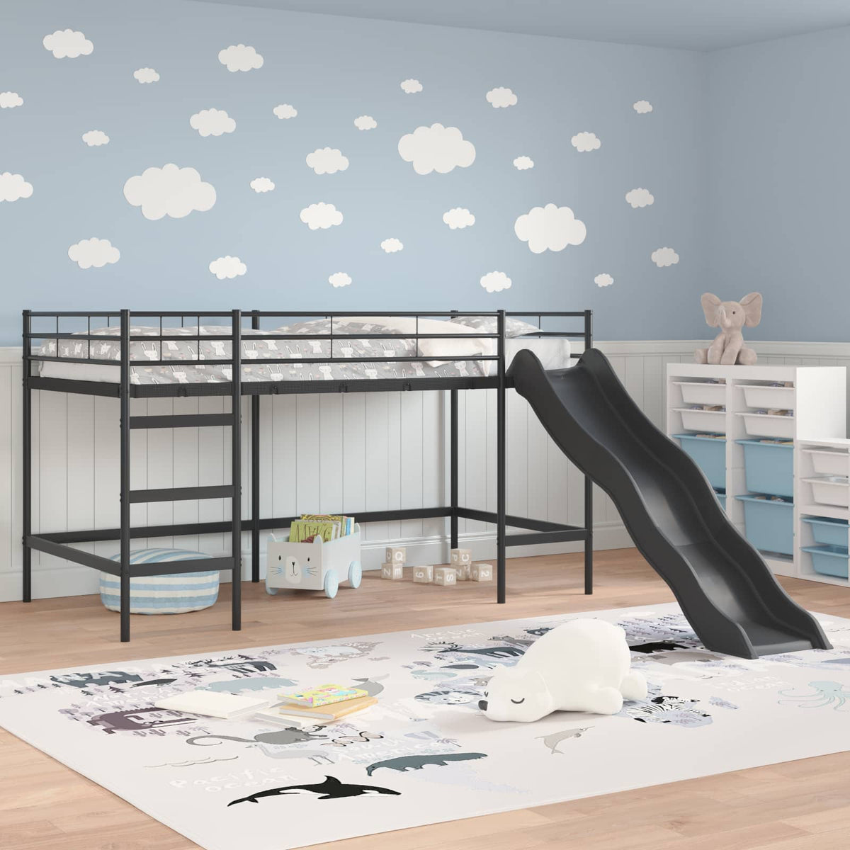 vidaXL Kids'Loft Bed Frame with Slide Black and Anthracite 3