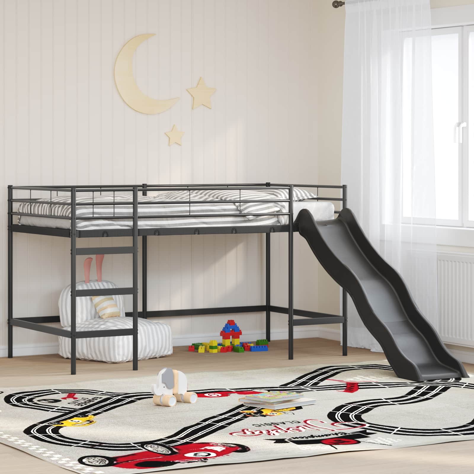 vidaXL Kids'Loft Bed Frame with Slide Plain Black and Anthracite 1
