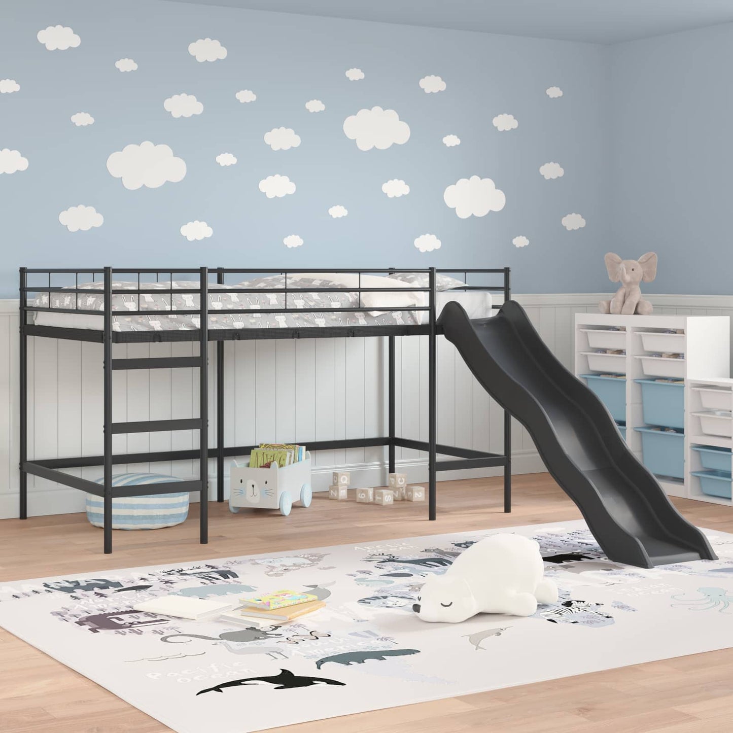 vidaXL Kids'Loft Bed Frame with Slide Plain Black and Anthracite 3