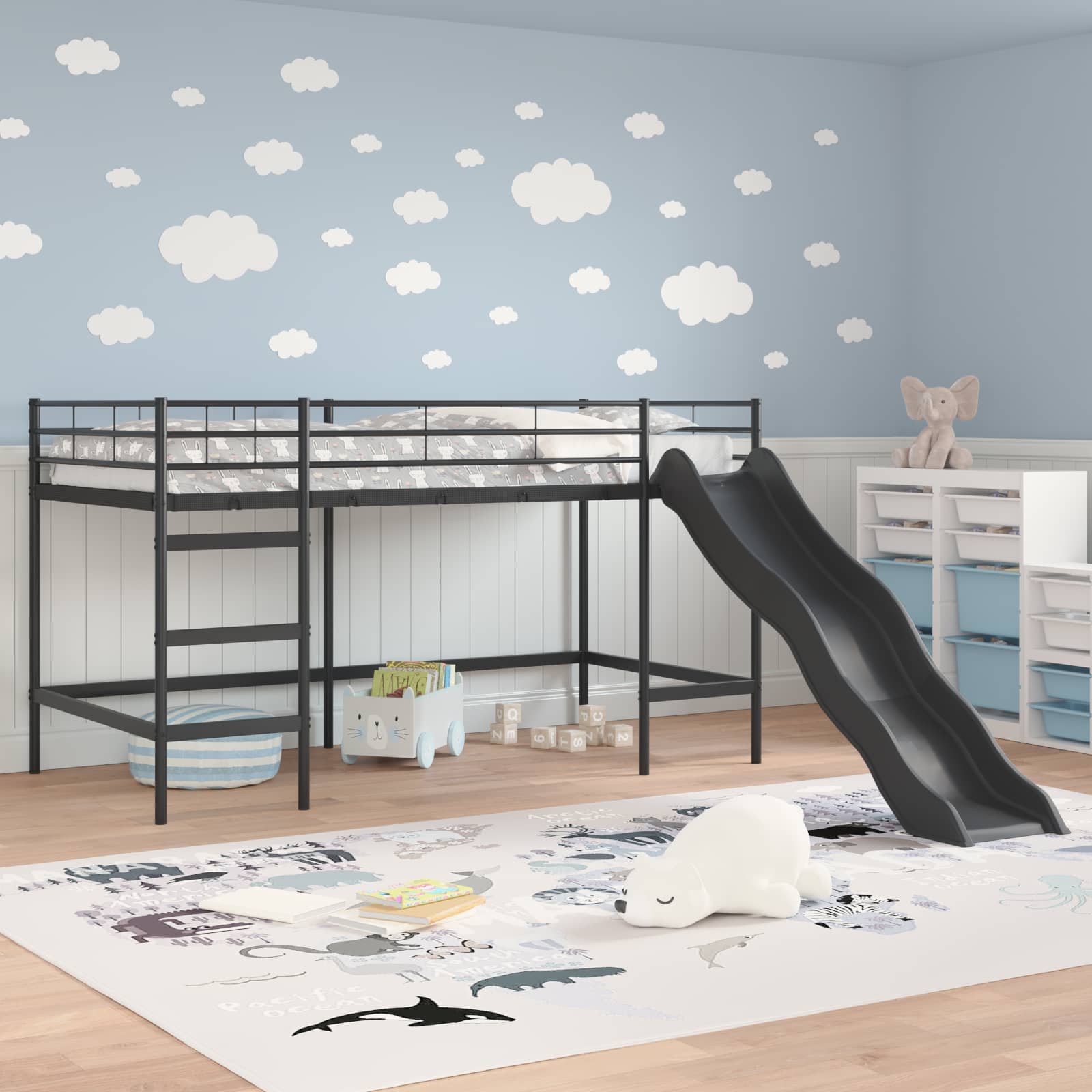 vidaXL Kids'Loft Bed Frame with Slide Plain Black and Anthracite 3
