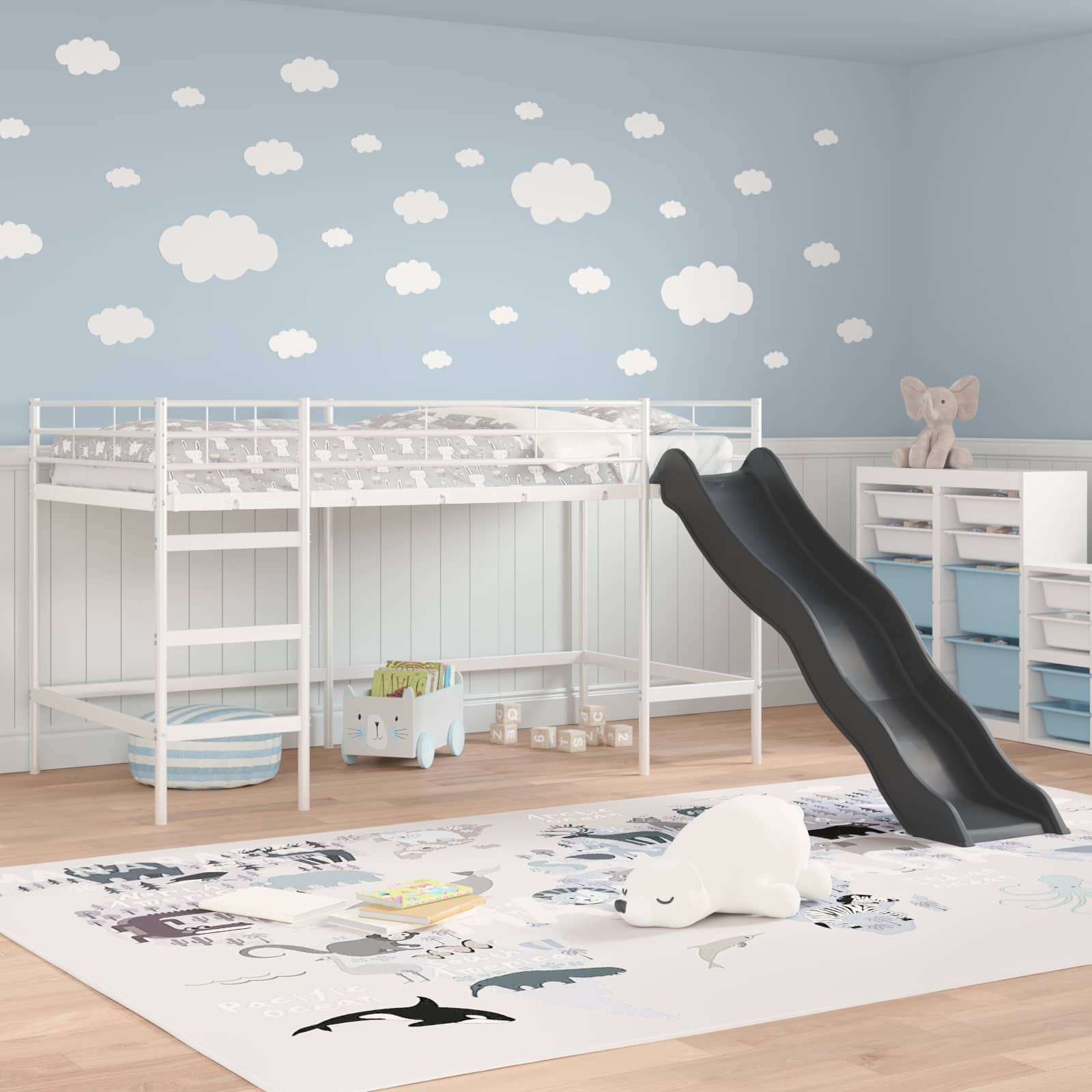 vidaXL Kids'Loft Bed Frame with Slide Plain White and Anthracite 3