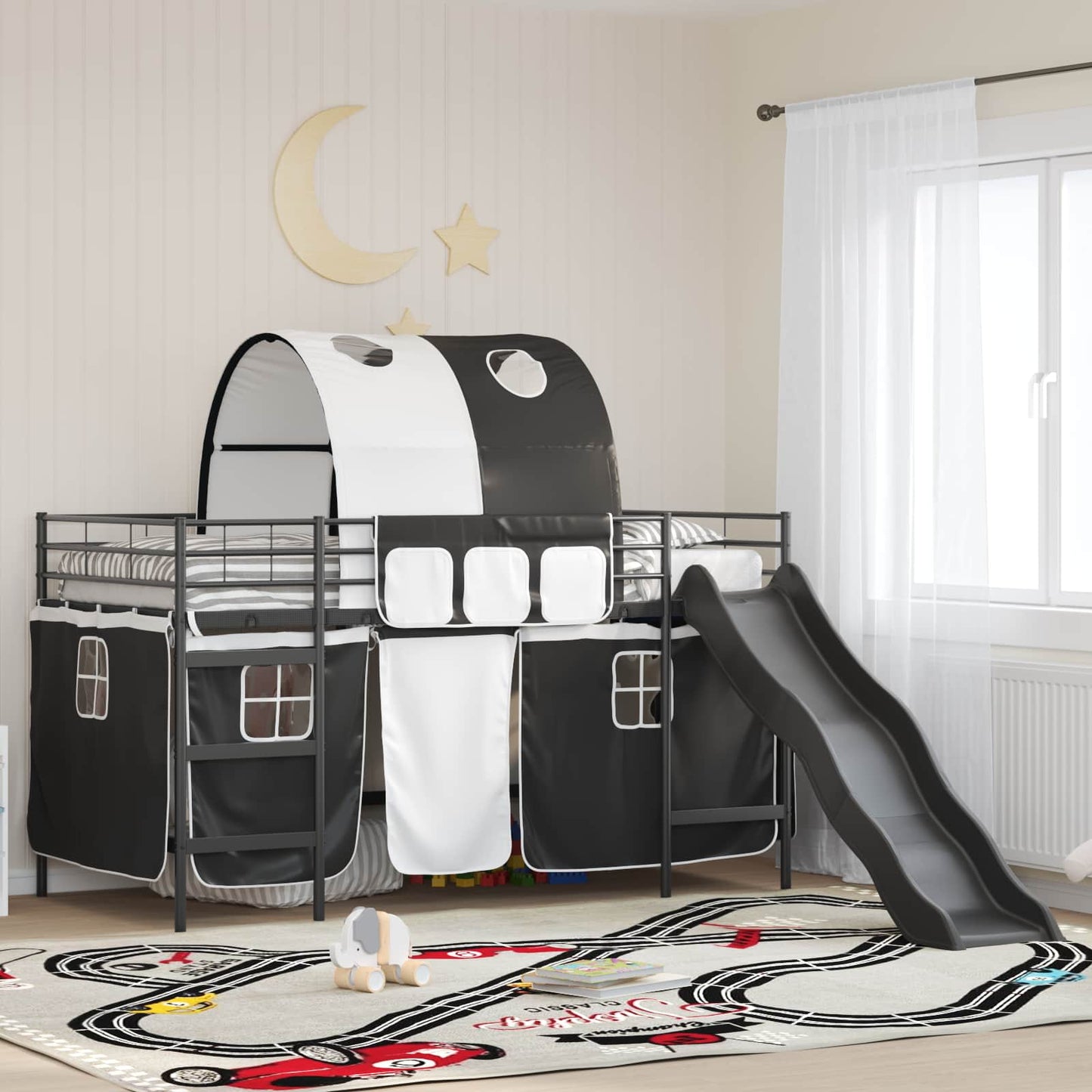vidaXL Kids'Bunk Bed Frame with Curtains Black 107 x 203 cm Metal 1