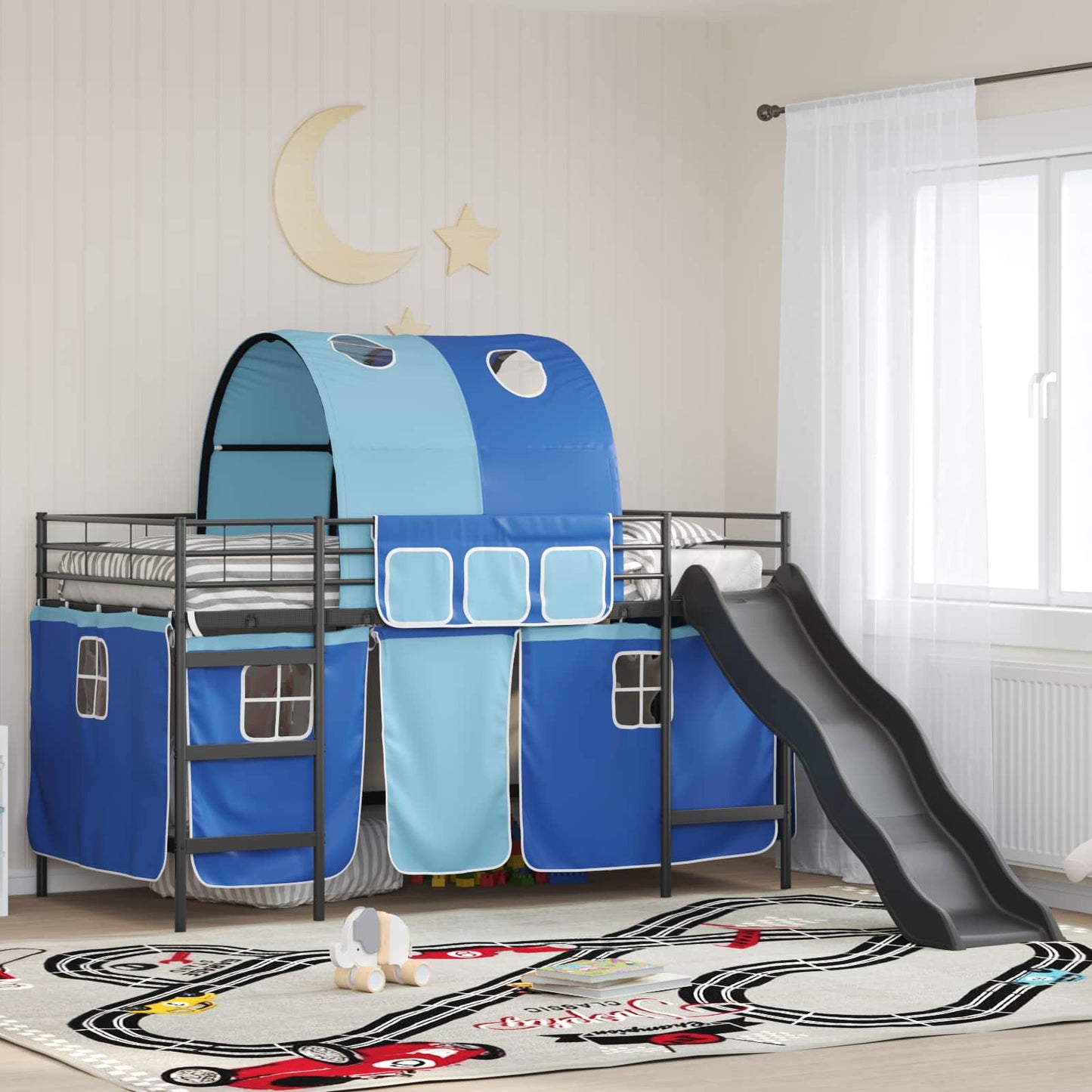 vidaXL Kids'Bunk Bed Frame with Curtains Black and Blue 100 x 200 cm 1