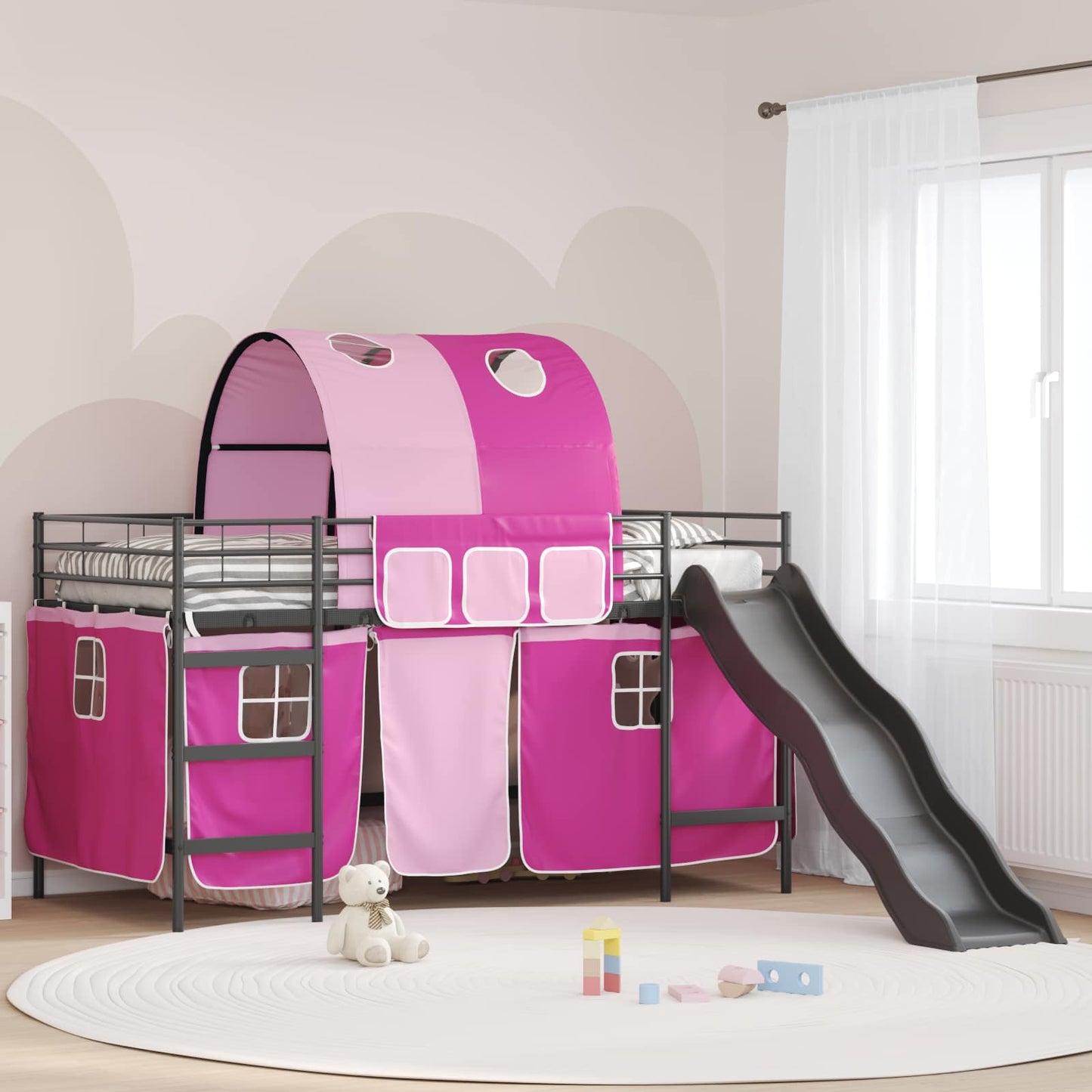 vidaXL Kids'Bunk Bed Frame with Curtains Black and Pink 100 x 200 cm 1