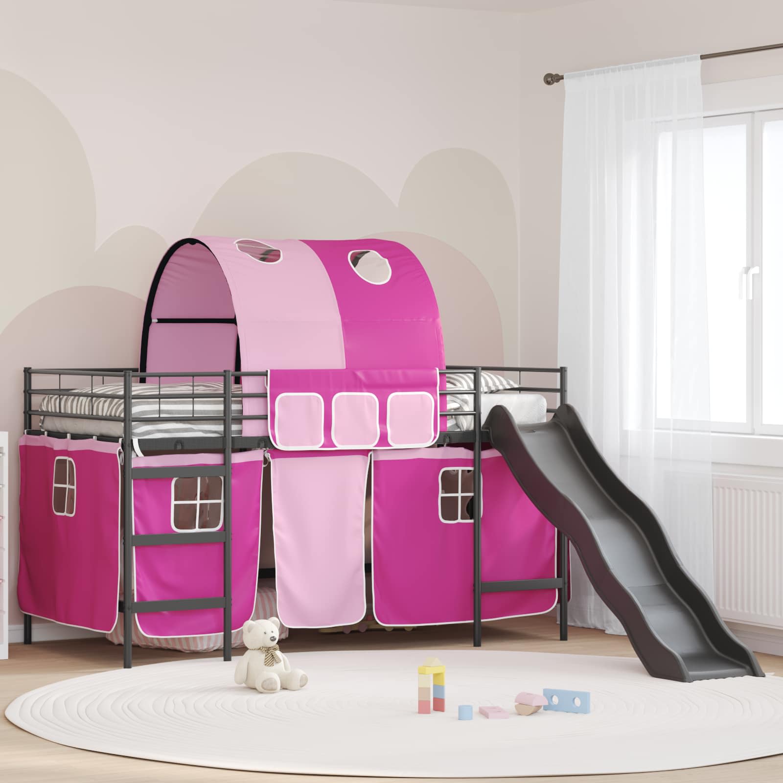 vidaXL Kids'Bunk Bed Frame with Curtains Black and Pink 107 x 203 cm 1