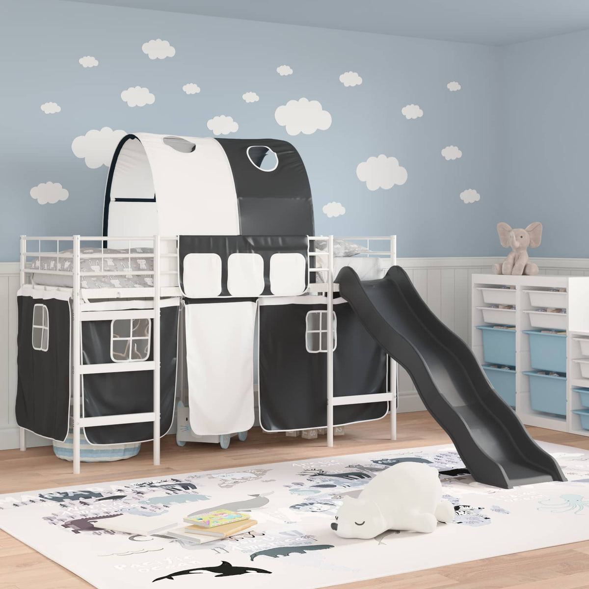 vidaXL Kids'Bunk Bed Frame with Curtains White and Black 100 x 190 cm 3