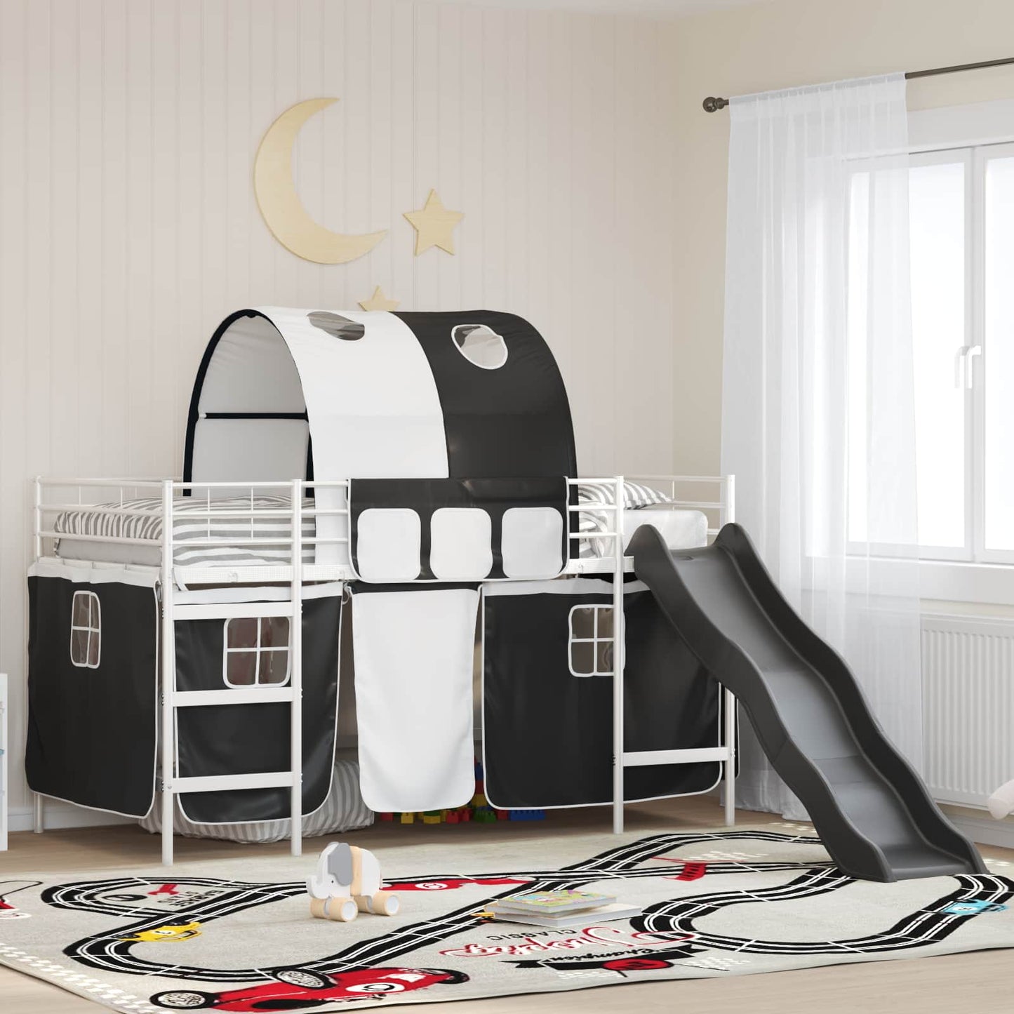 vidaXL Kids'Bunk Bed Frame with Curtains White and Black 100 x 200 cm 1