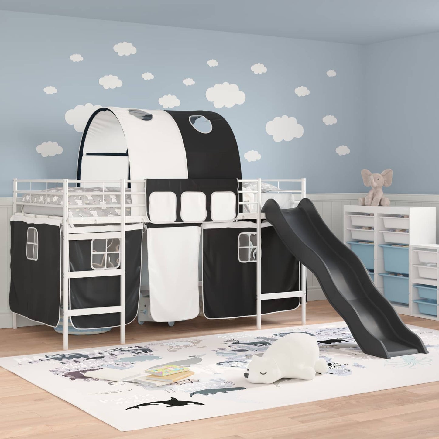 vidaXL Kids'Bunk Bed Frame with Curtains White and Black 107 x 203 cm 3